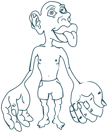 Homunkulus-Illustration: menschliche Figur mit überproportional großen Händen, Lippen und Zunge entsprechend der Nervendichte im Gehirn