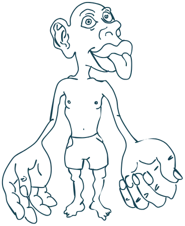 Homunkulus-Illustration: menschliche Figur mit überproportional großen Händen, Lippen und Zunge entsprechend der Nervendichte im Gehirn